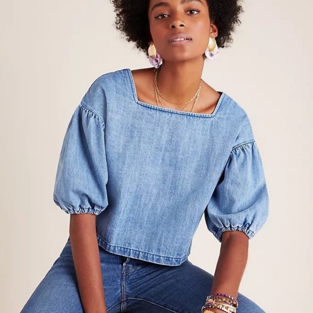 Anthropologie the Odells Denim Puff Sleeve Cropped Top - Picture 7 of 16